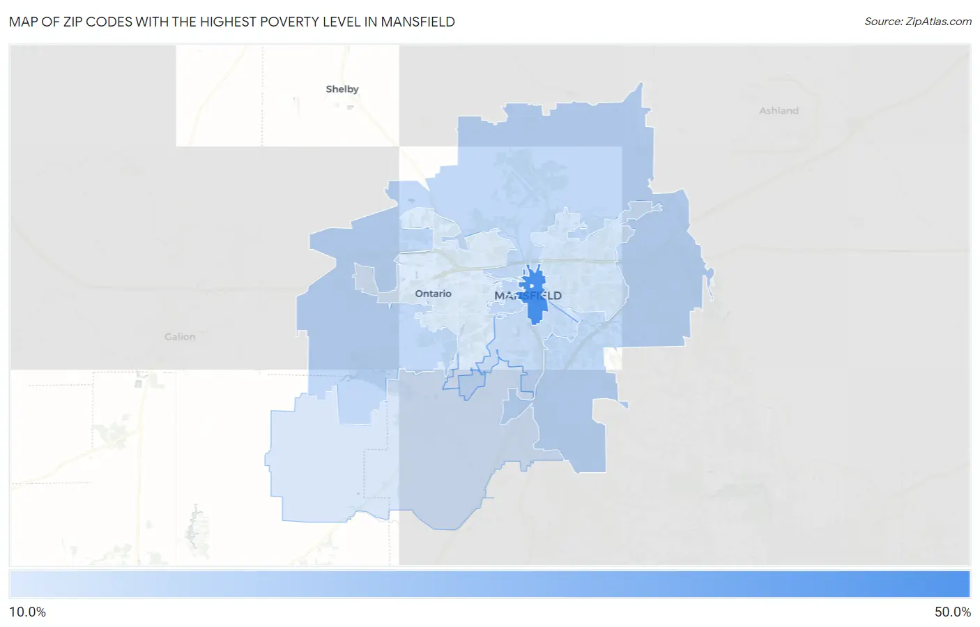 Zip Codes with the Highest Poverty Level in Mansfield Map