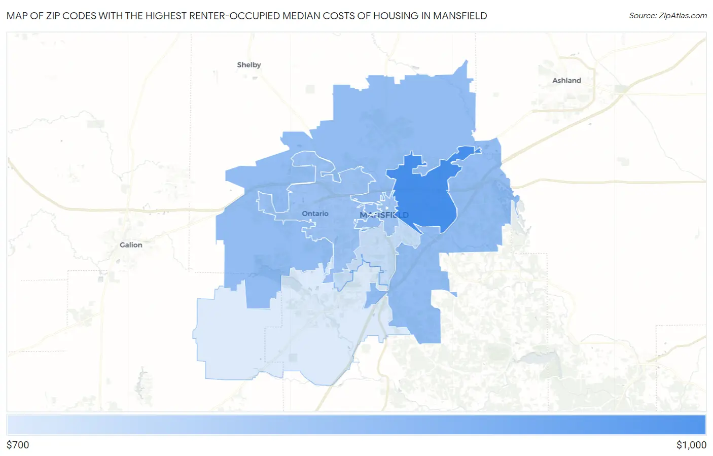 Zip Codes with the Highest Renter-Occupied Median Costs of Housing in Mansfield Map