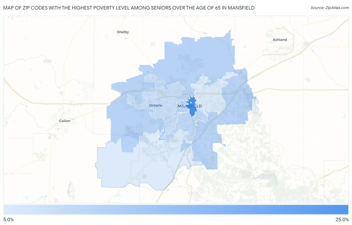 Zip Codes with the Highest Poverty Level Among Seniors Over the Age of 65 in Mansfield Map