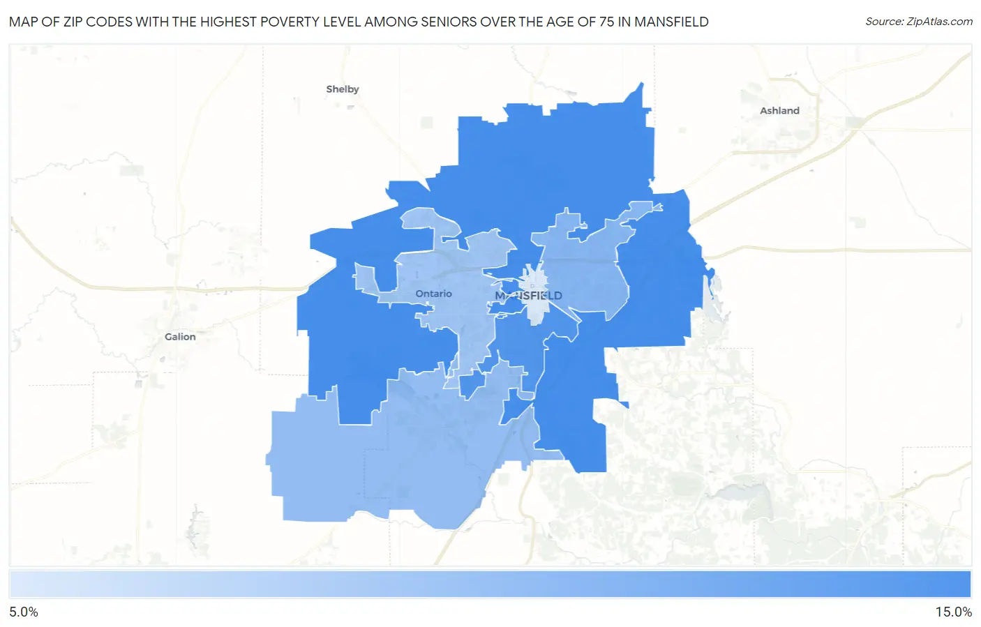 Zip Codes with the Highest Poverty Level Among Seniors Over the Age of 75 in Mansfield Map