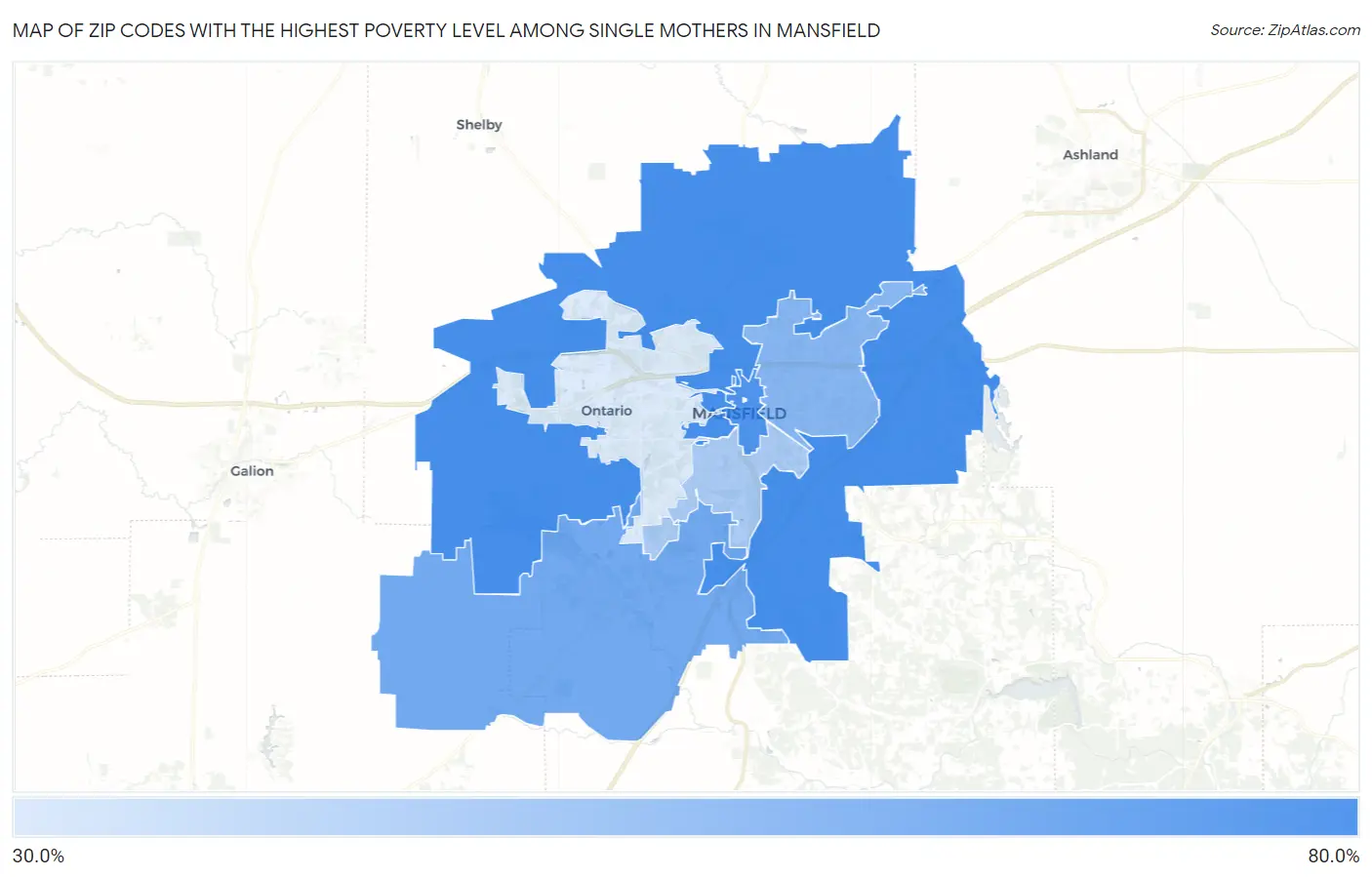 Zip Codes with the Highest Poverty Level Among Single Mothers in Mansfield Map