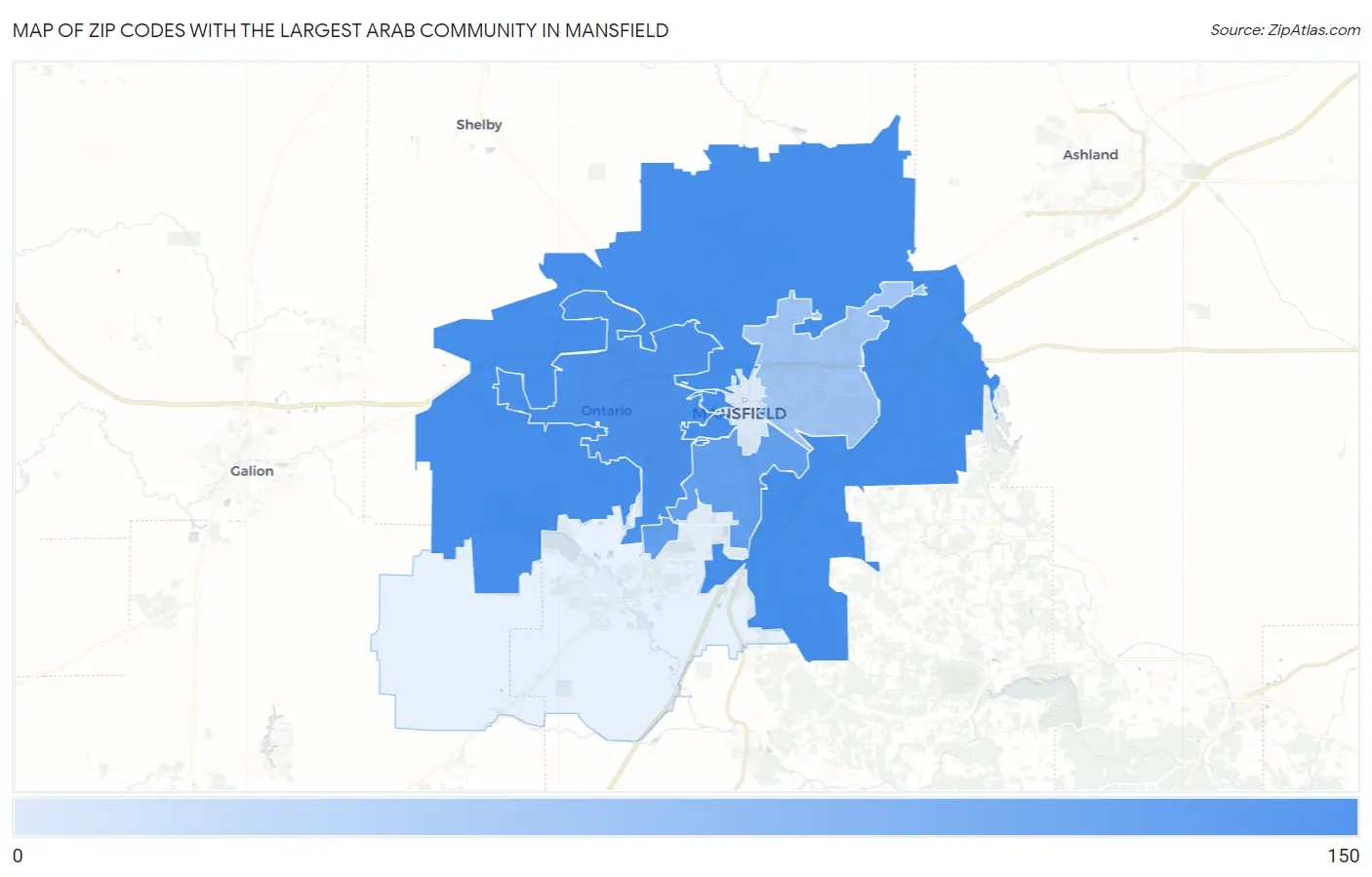 Zip Codes with the Largest Arab Community in Mansfield Map