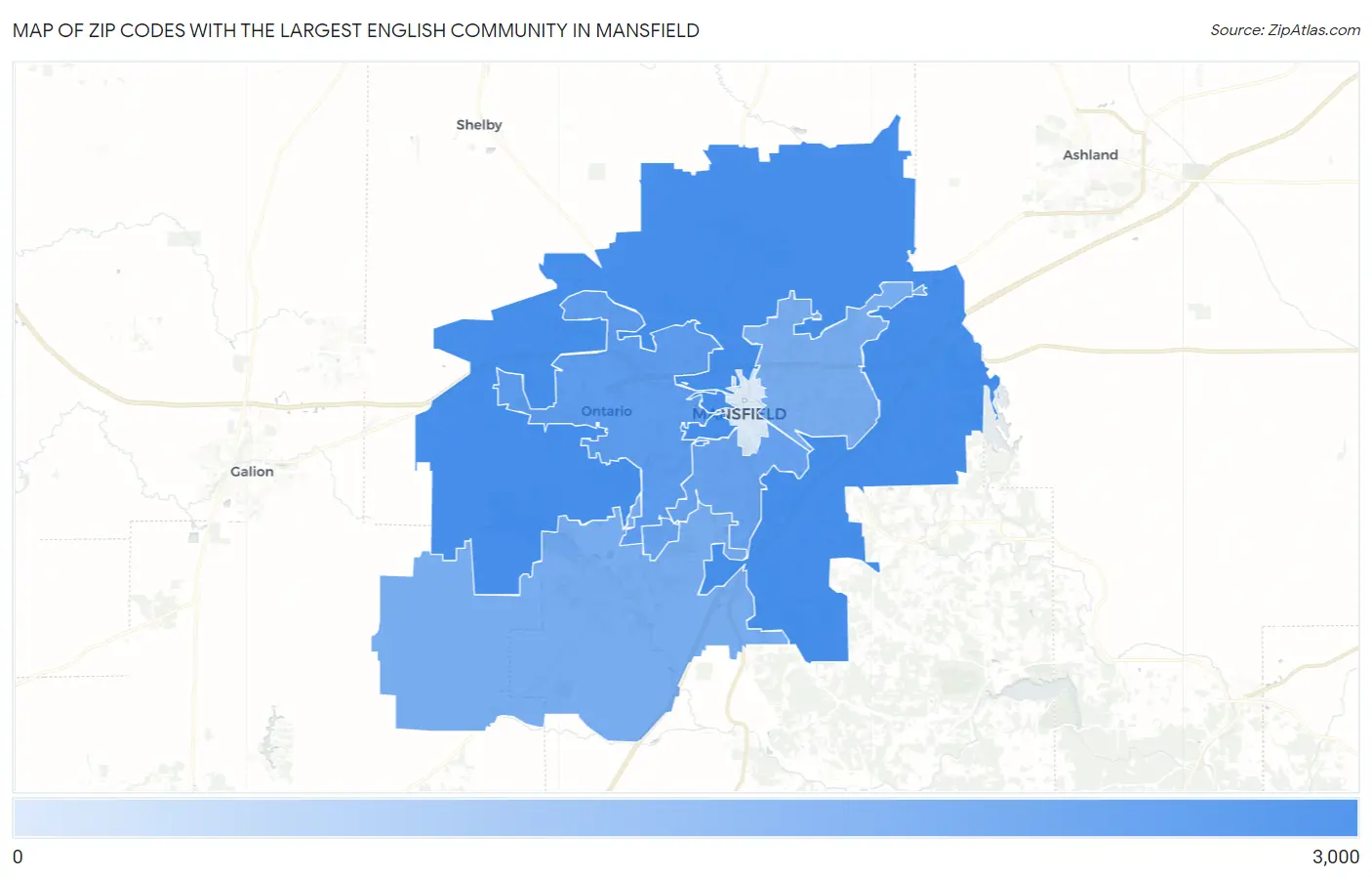 Zip Codes with the Largest English Community in Mansfield Map