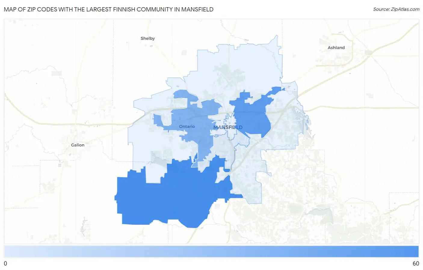 Zip Codes with the Largest Finnish Community in Mansfield Map