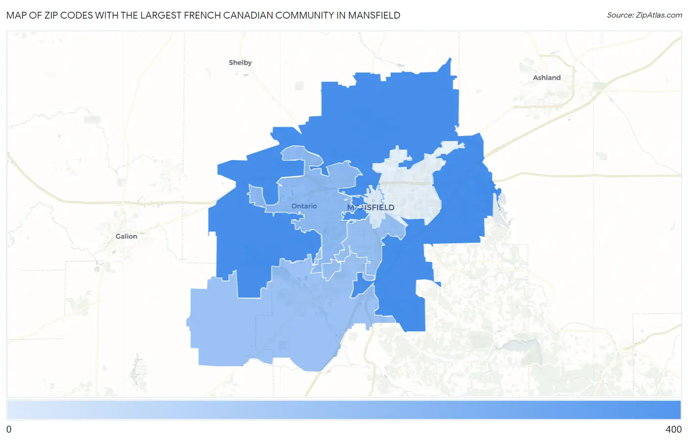 Zip Codes with the Largest French Canadian Community in Mansfield Map