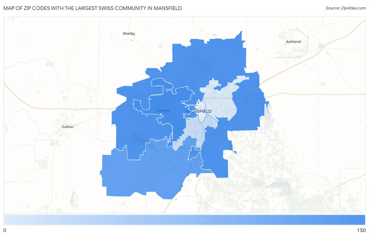 Zip Codes with the Largest Swiss Community in Mansfield Map