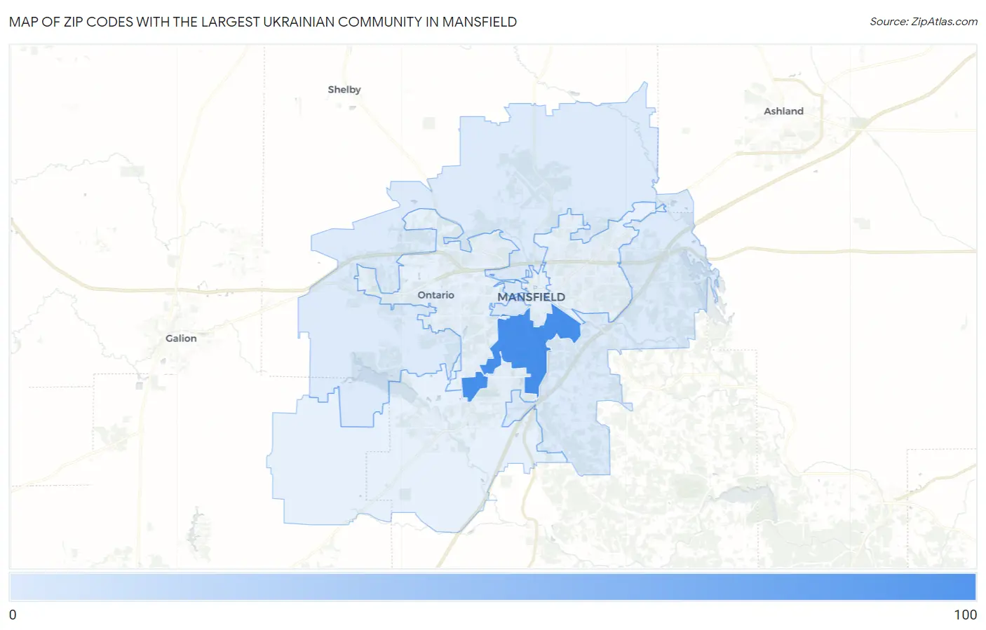 Zip Codes with the Largest Ukrainian Community in Mansfield Map