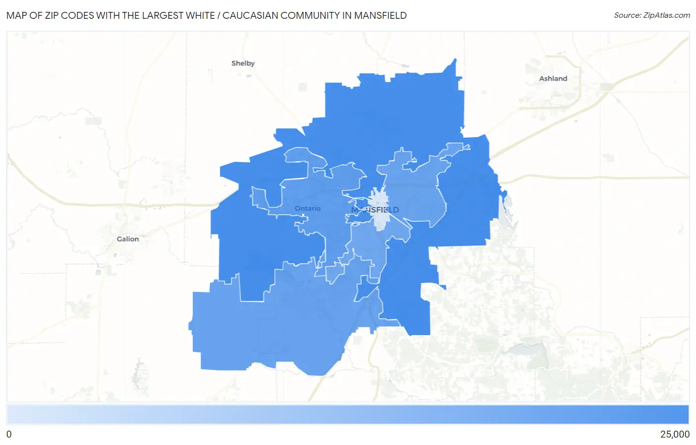 Zip Codes with the Largest White / Caucasian Community in Mansfield Map
