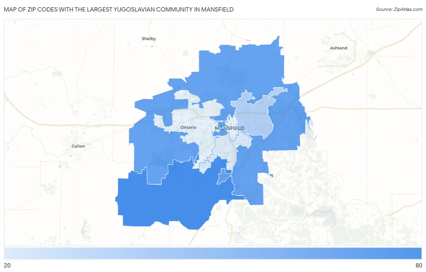 Zip Codes with the Largest Yugoslavian Community in Mansfield Map