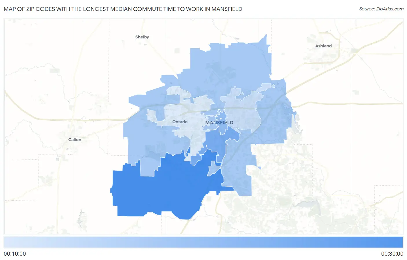 Zip Codes with the Longest Median Commute Time to Work in Mansfield Map