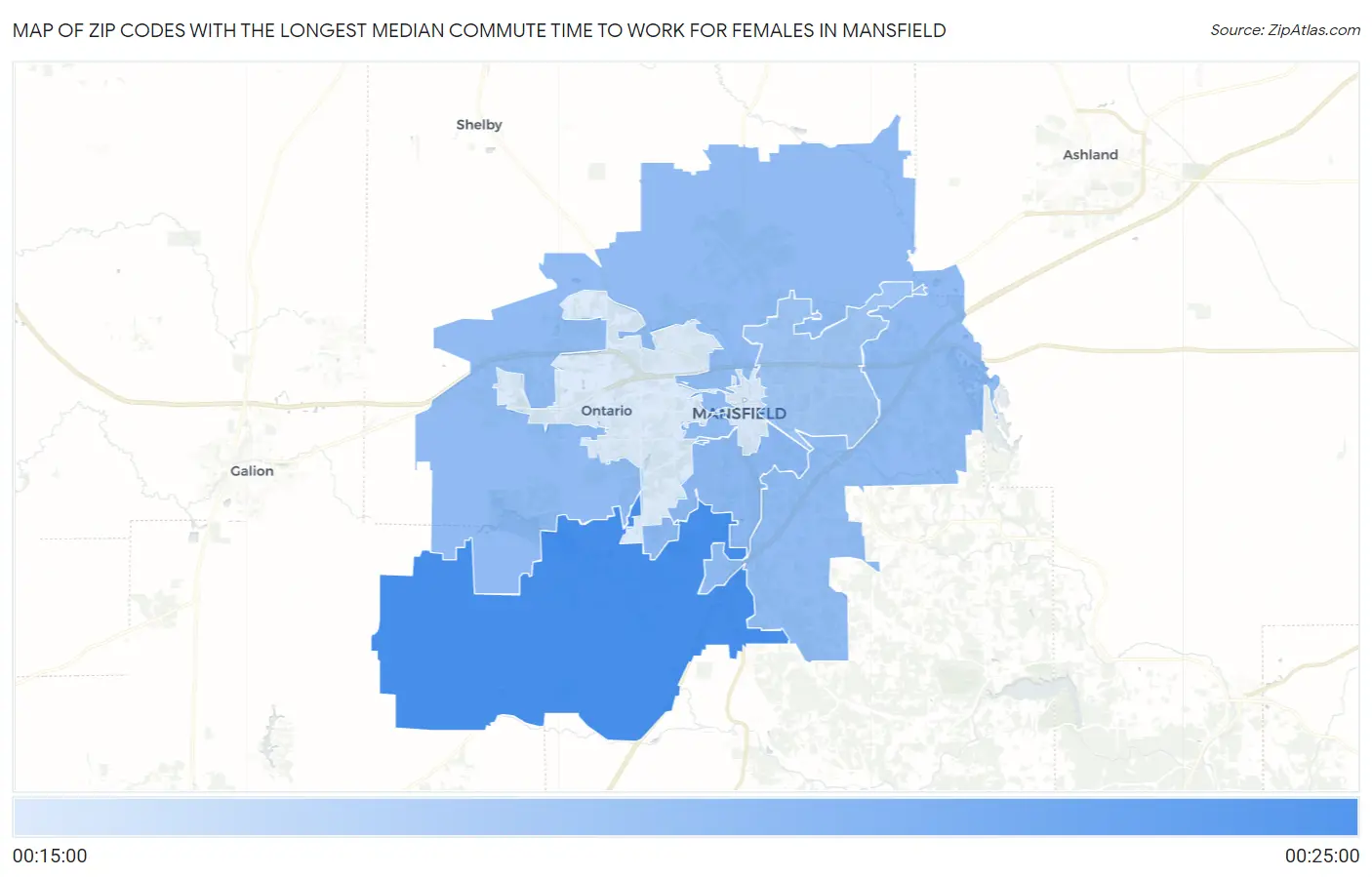 Zip Codes with the Longest Median Commute Time to Work for Females in Mansfield Map
