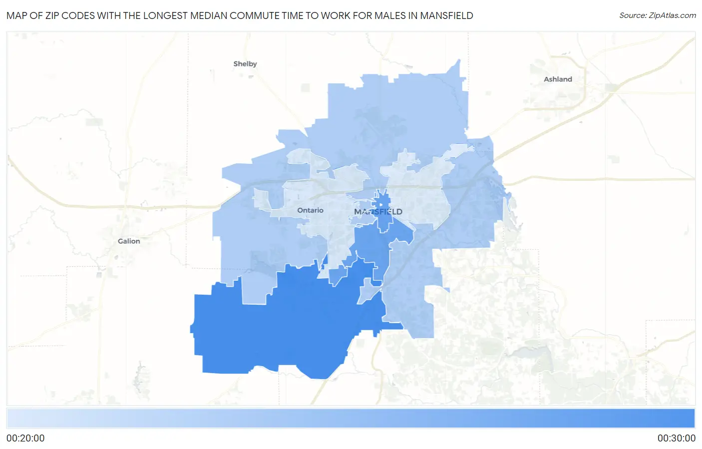 Zip Codes with the Longest Median Commute Time to Work for Males in Mansfield Map