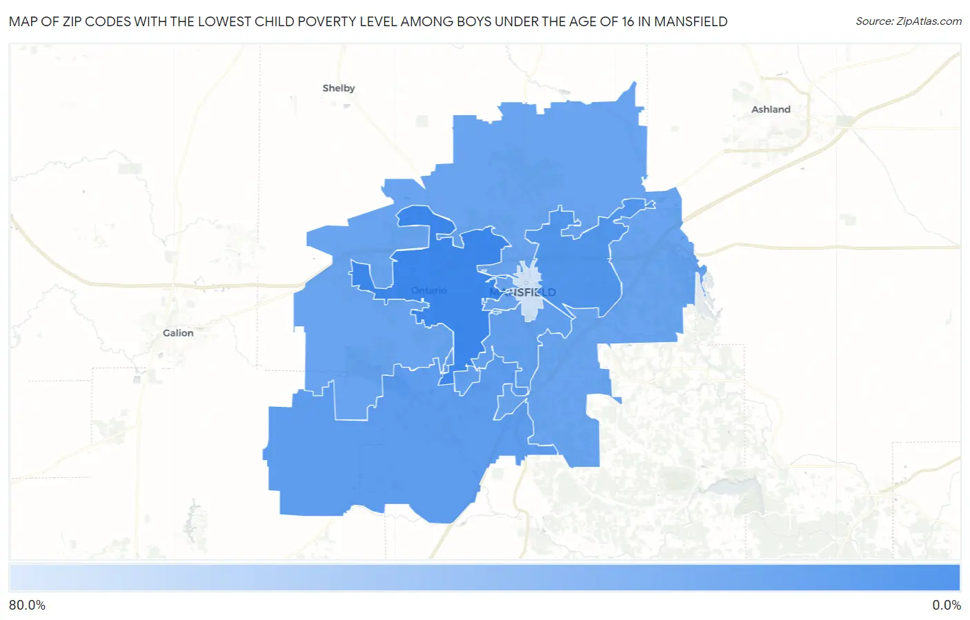 Zip Codes with the Lowest Child Poverty Level Among Boys Under the Age of 16 in Mansfield Map