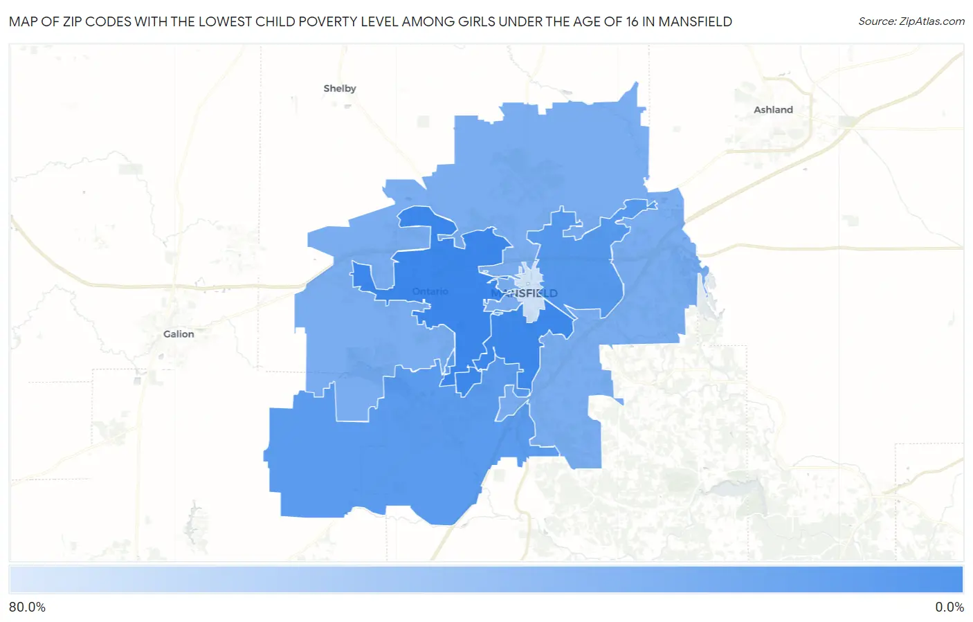 Zip Codes with the Lowest Child Poverty Level Among Girls Under the Age of 16 in Mansfield Map