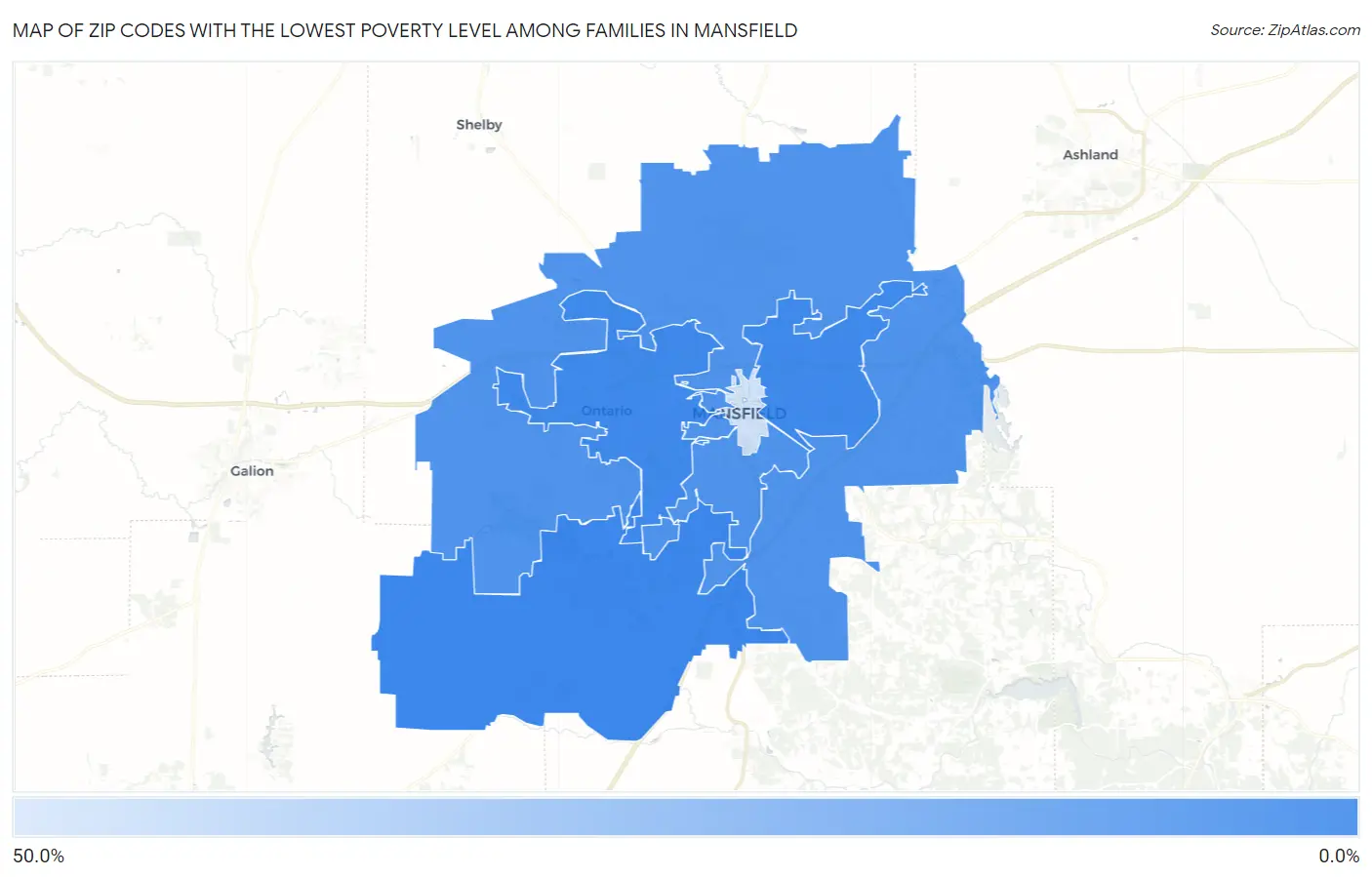 Zip Codes with the Lowest Poverty Level Among Families in Mansfield Map