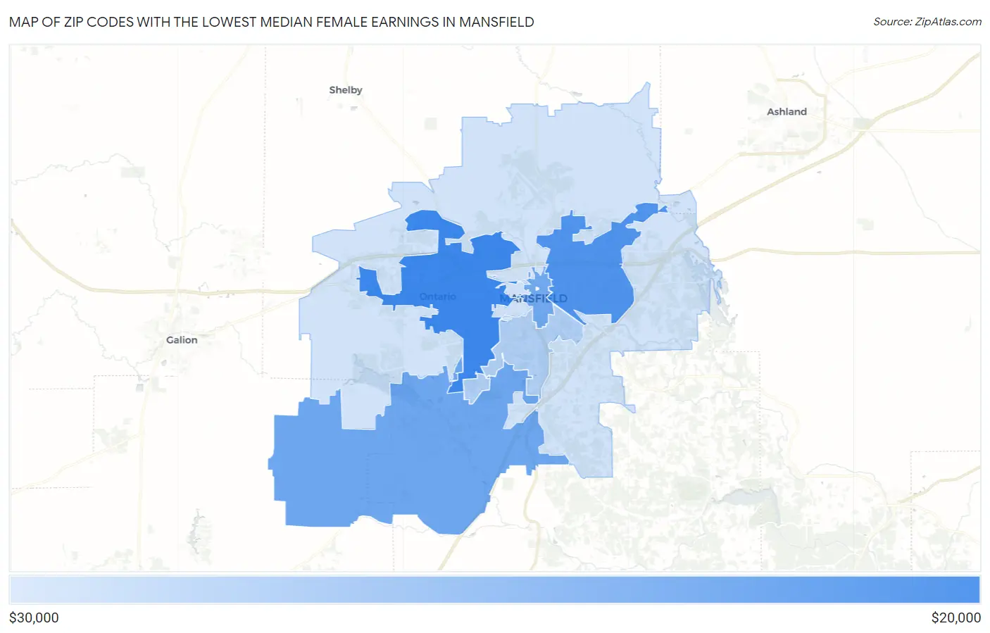 Zip Codes with the Lowest Median Female Earnings in Mansfield Map