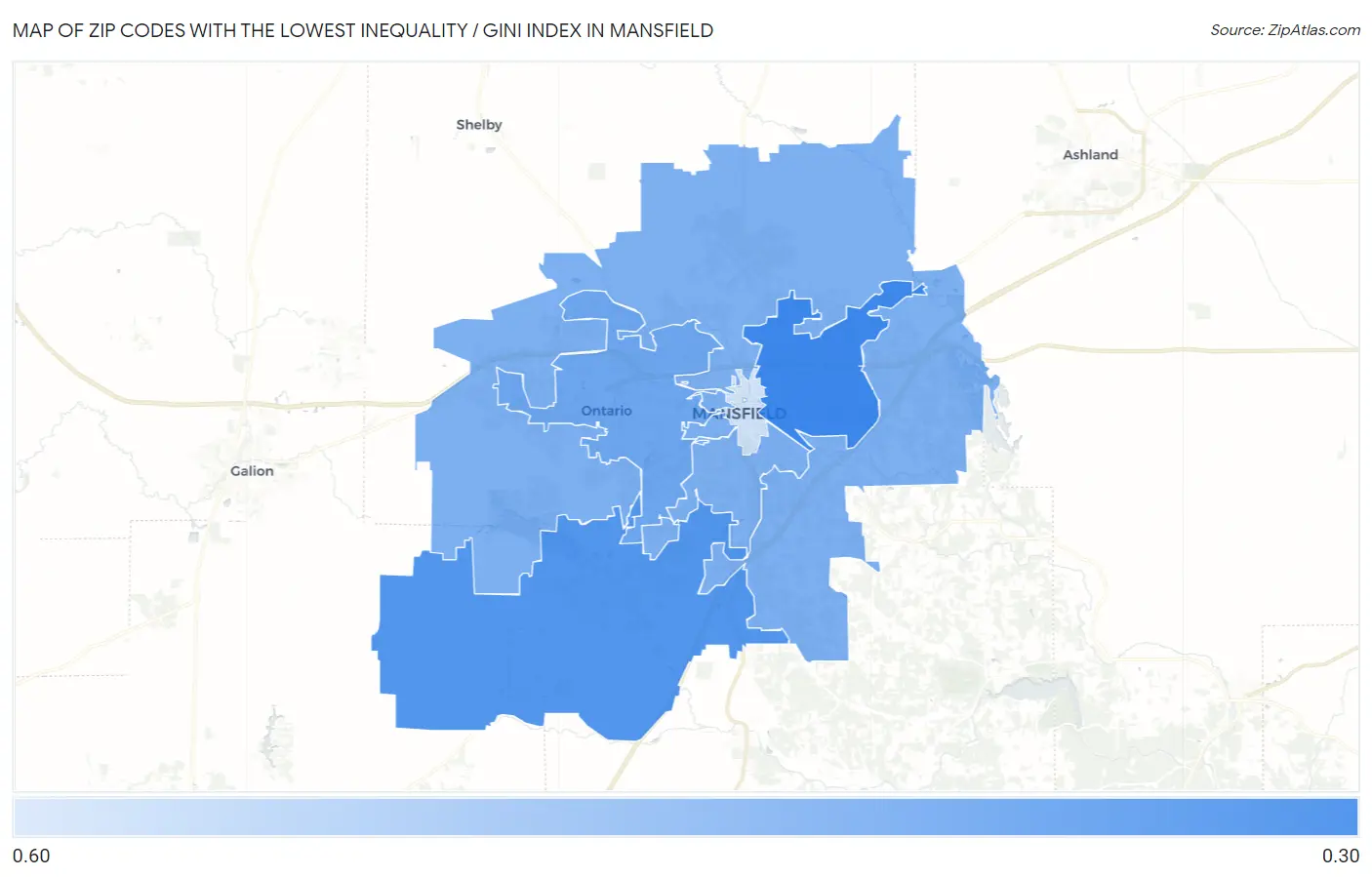 Zip Codes with the Lowest Inequality / Gini Index in Mansfield Map