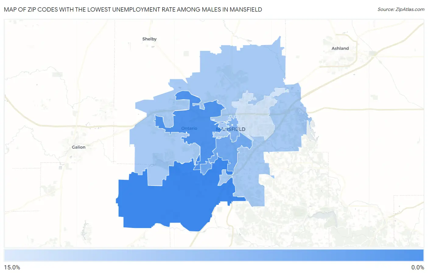 Zip Codes with the Lowest Unemployment Rate Among Males in Mansfield Map