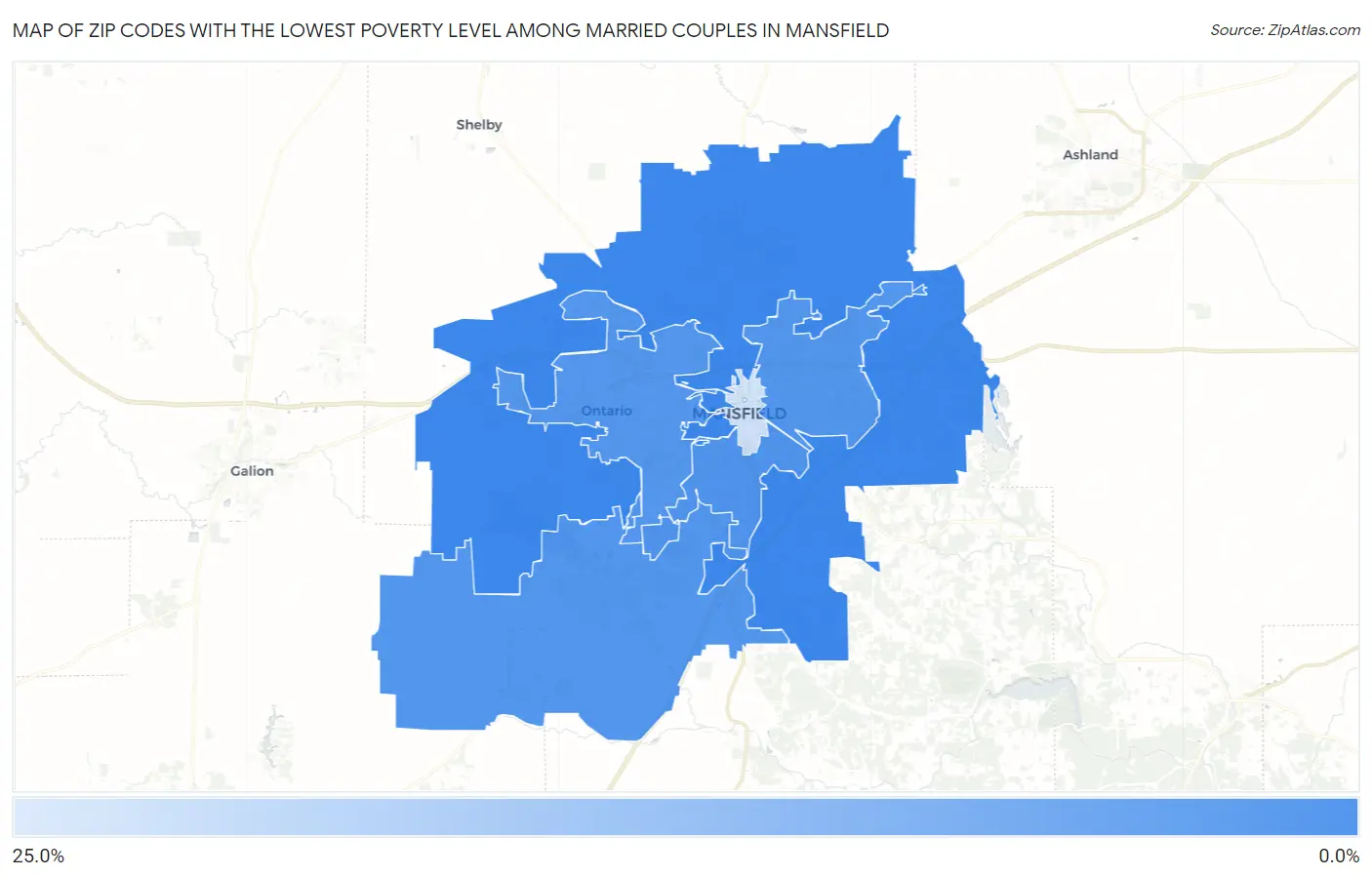 Zip Codes with the Lowest Poverty Level Among Married Couples in Mansfield Map