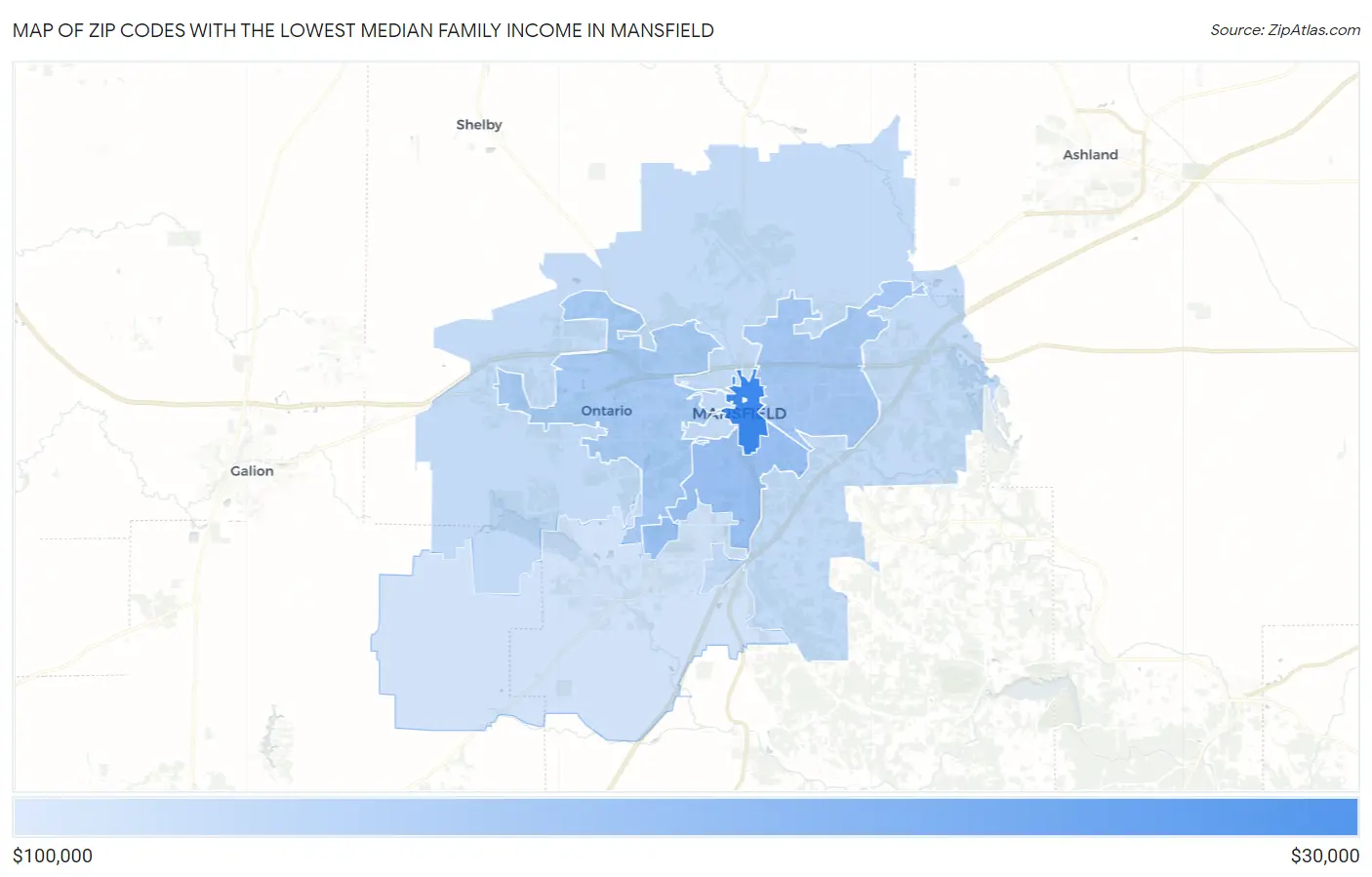 Zip Codes with the Lowest Median Family Income in Mansfield Map