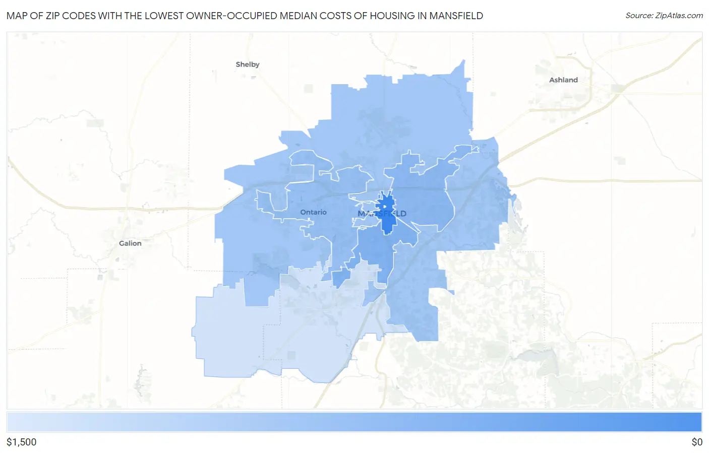 Zip Codes with the Lowest Owner-Occupied Median Costs of Housing in Mansfield Map