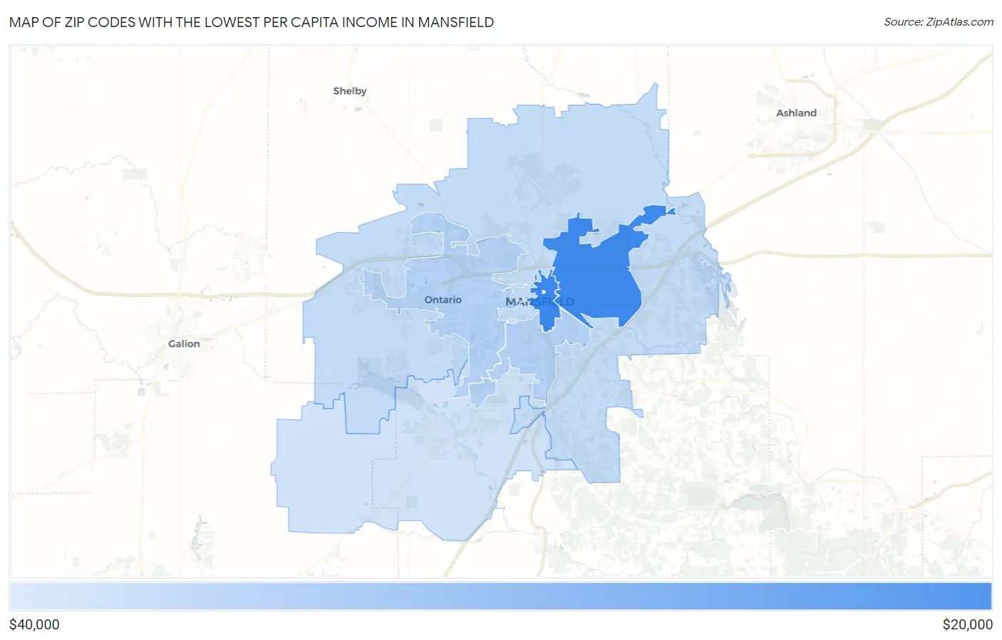 Zip Codes with the Lowest Per Capita Income in Mansfield Map