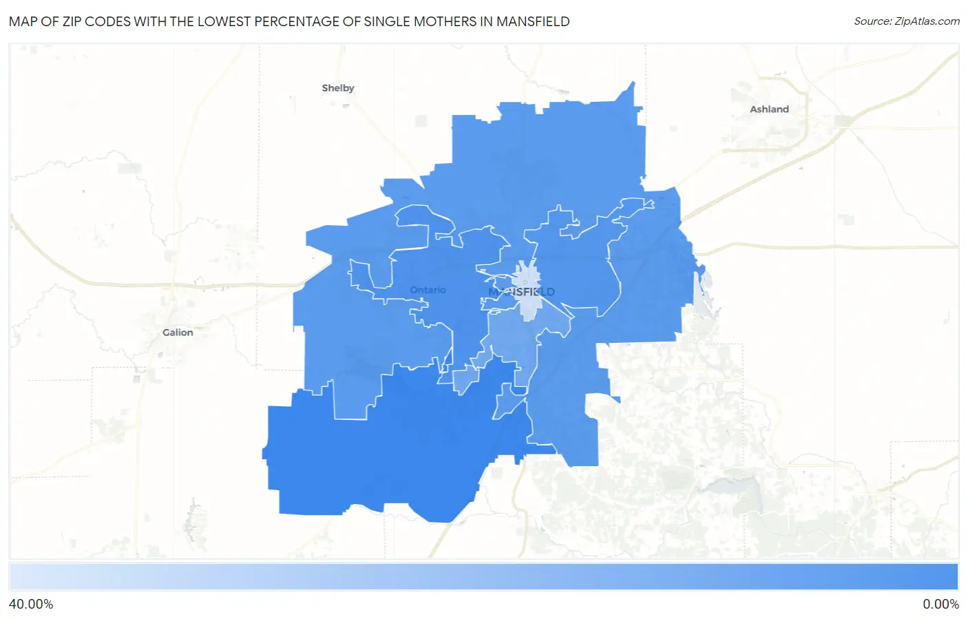 Zip Codes with the Lowest Percentage of Single Mothers in Mansfield Map