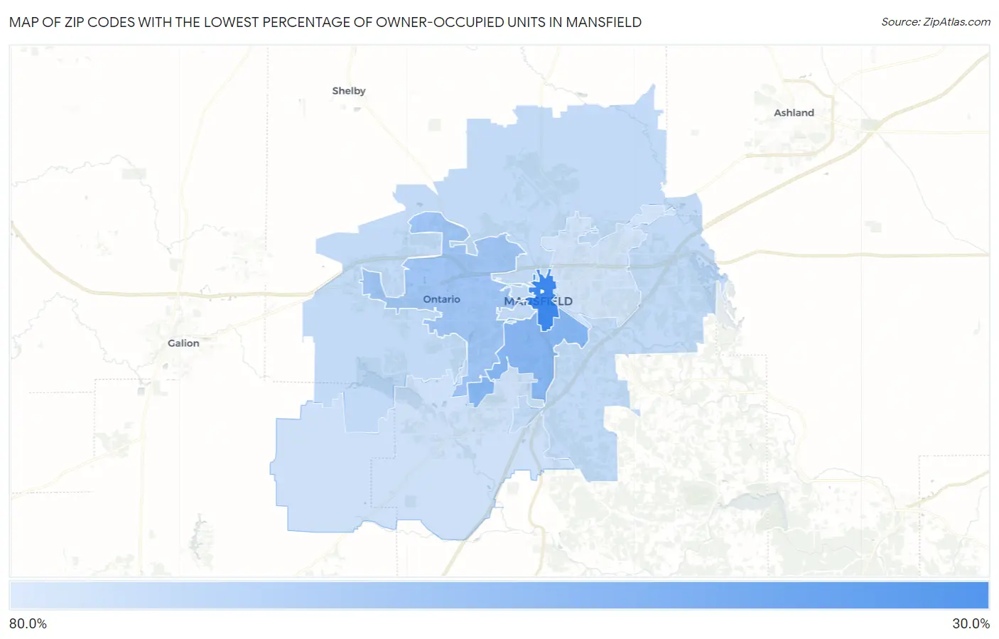Zip Codes with the Lowest Percentage of Owner-Occupied Units in Mansfield Map