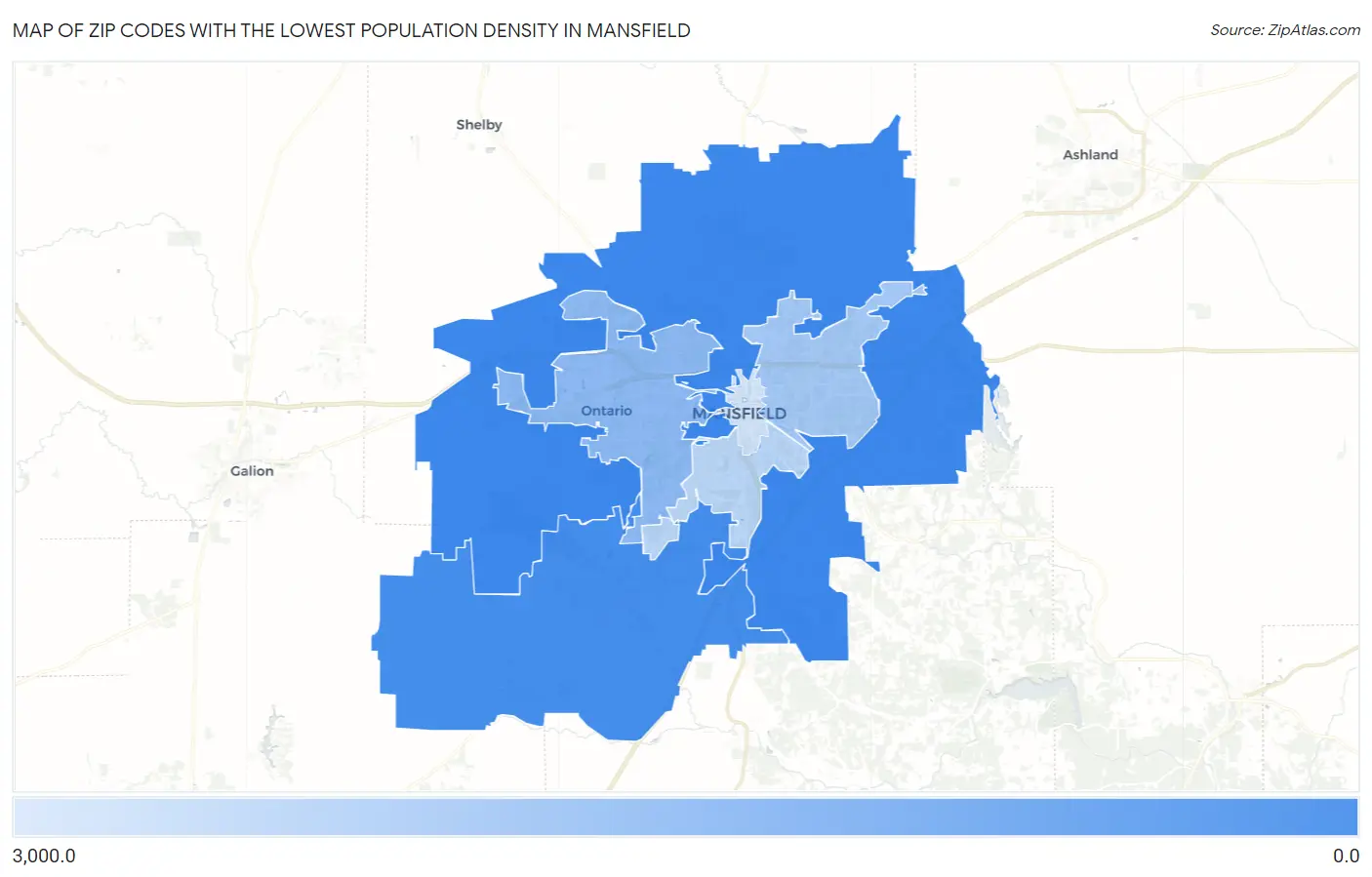 Zip Codes with the Lowest Population Density in Mansfield Map