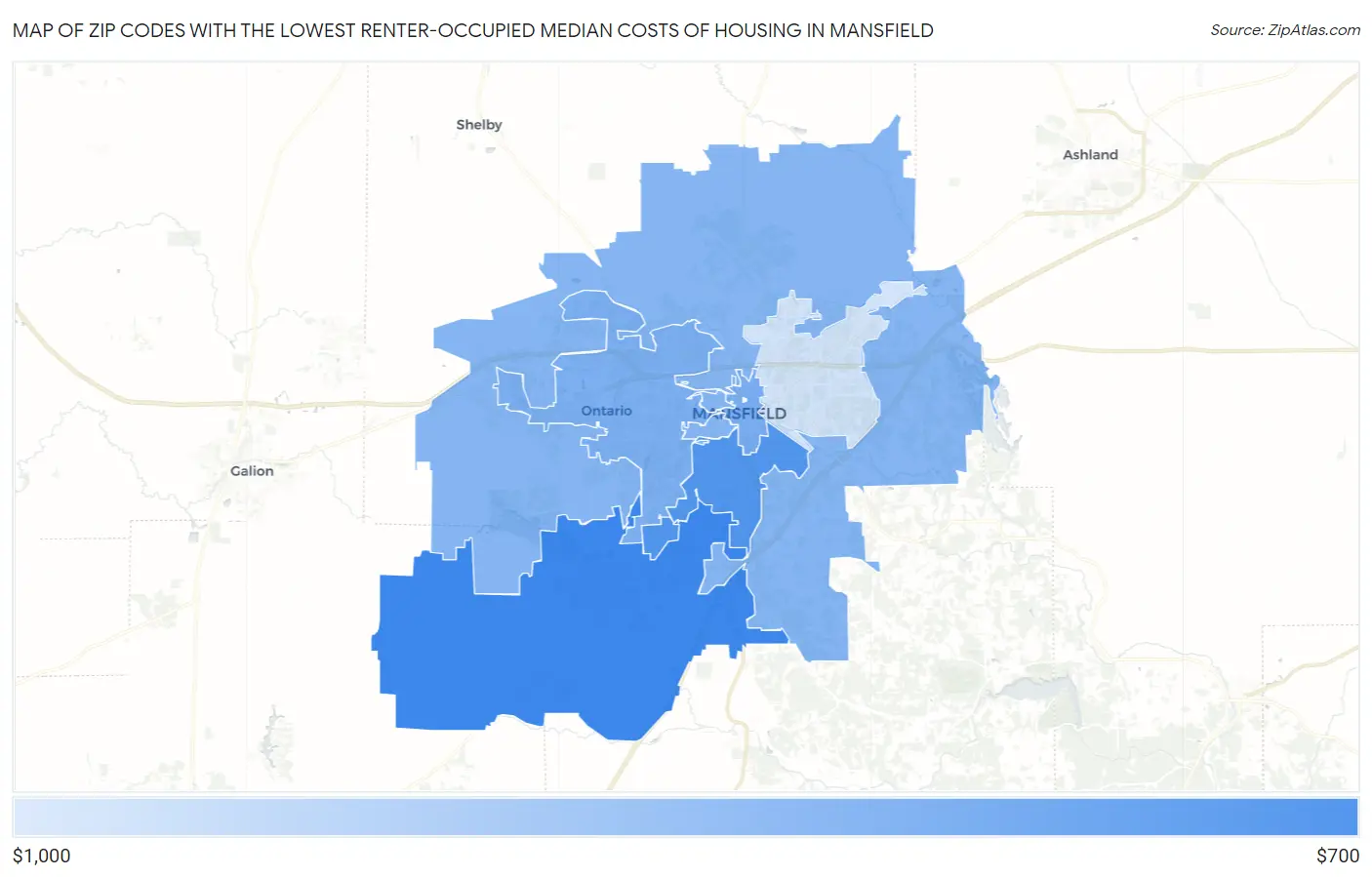 Zip Codes with the Lowest Renter-Occupied Median Costs of Housing in Mansfield Map