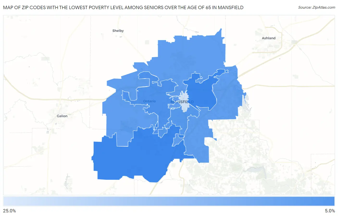 Zip Codes with the Lowest Poverty Level Among Seniors Over the Age of 65 in Mansfield Map