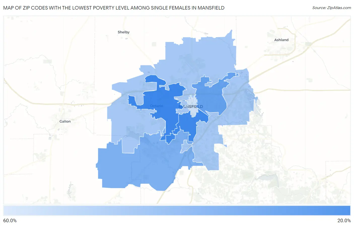 Zip Codes with the Lowest Poverty Level Among Single Females in Mansfield Map