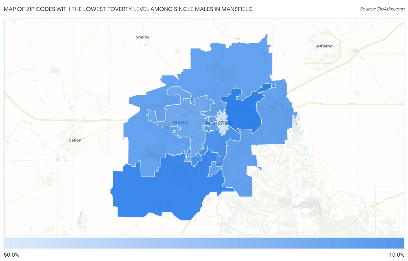 Zip Codes with the Lowest Poverty Level Among Single Males in Mansfield Map