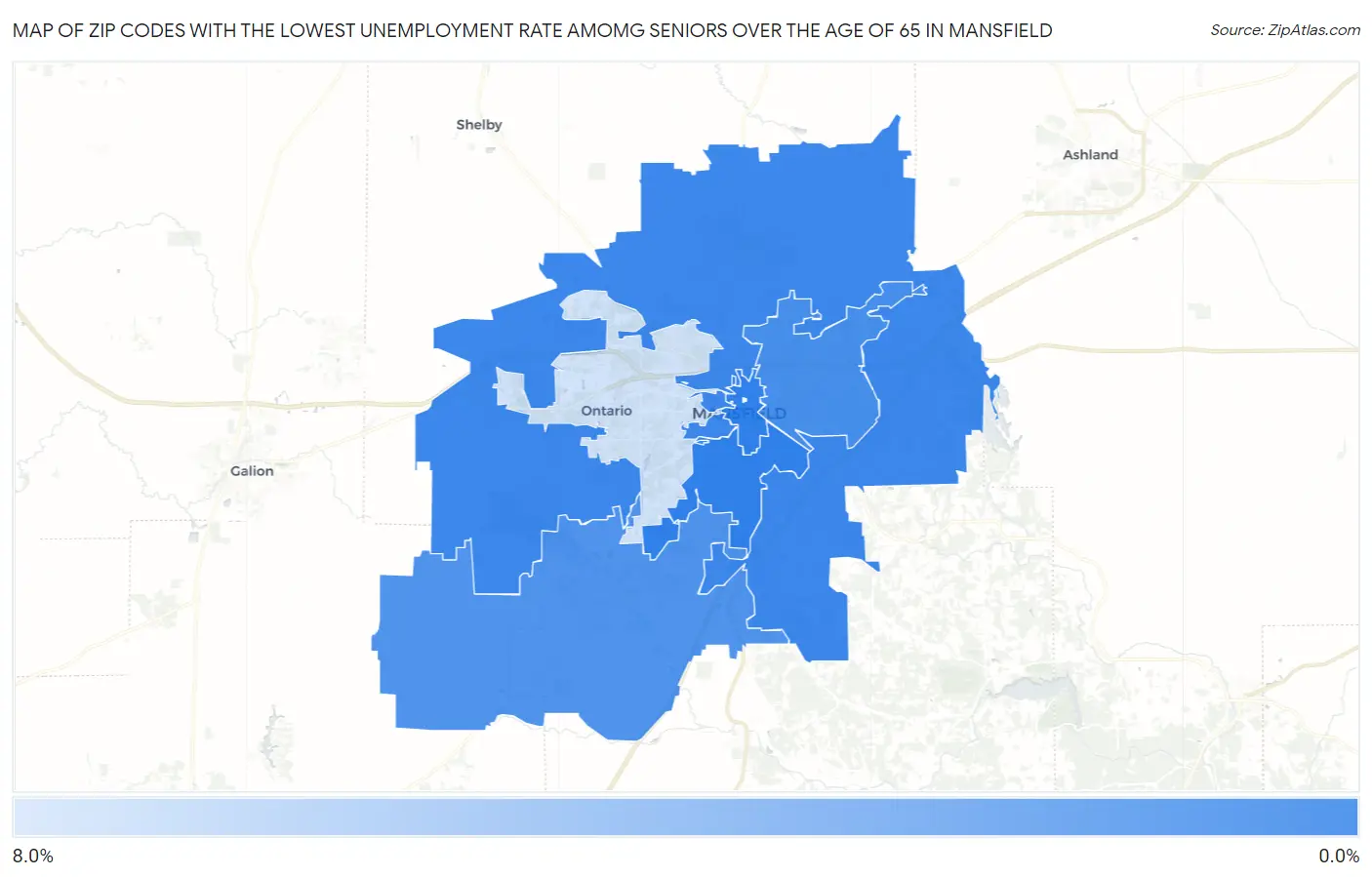 Zip Codes with the Lowest Unemployment Rate Amomg Seniors Over the Age of 65 in Mansfield Map