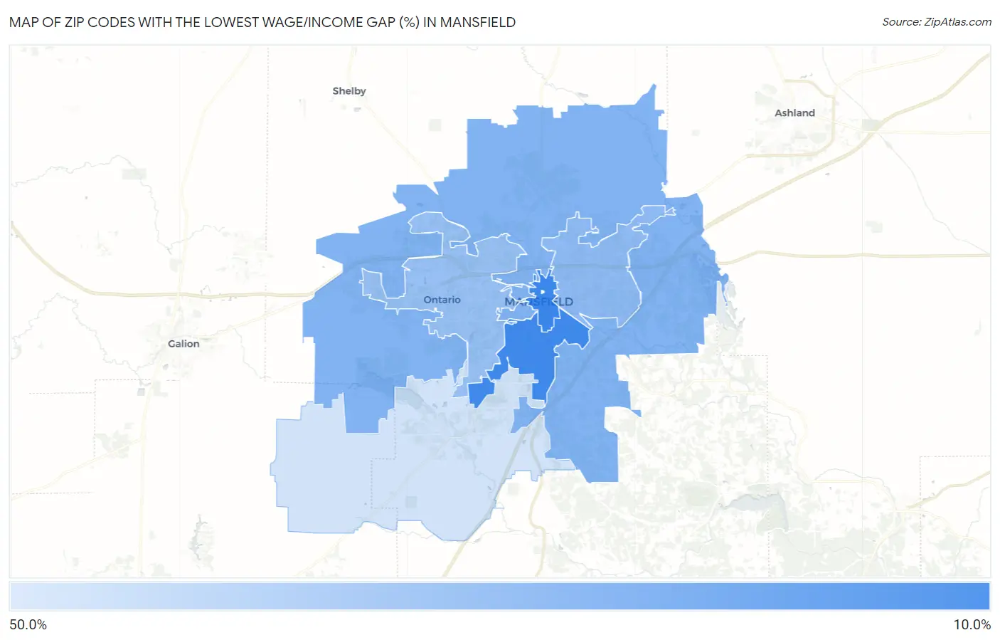 Zip Codes with the Lowest Wage/Income Gap (%) in Mansfield Map