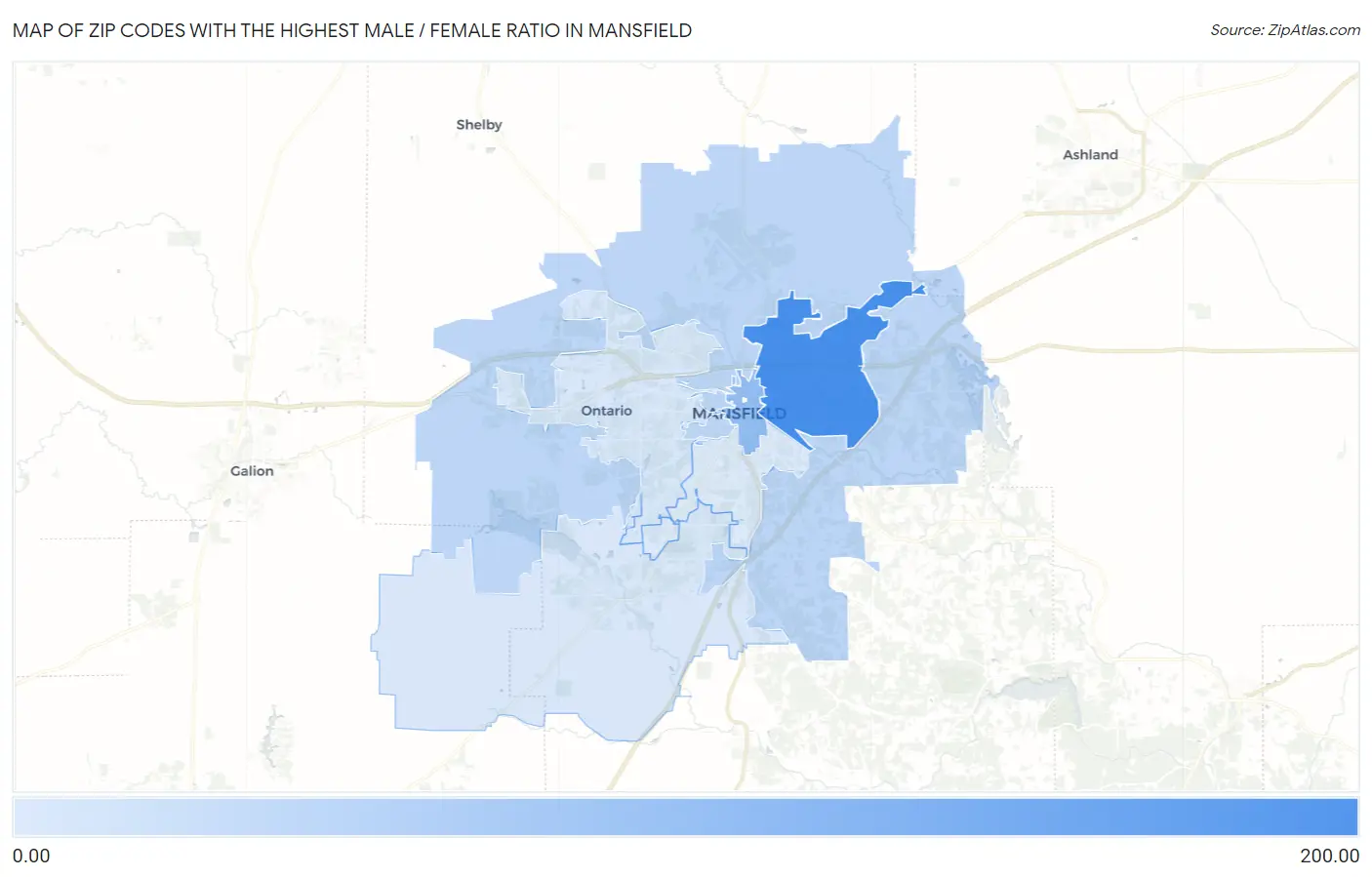 Zip Codes with the Highest Male / Female Ratio in Mansfield Map