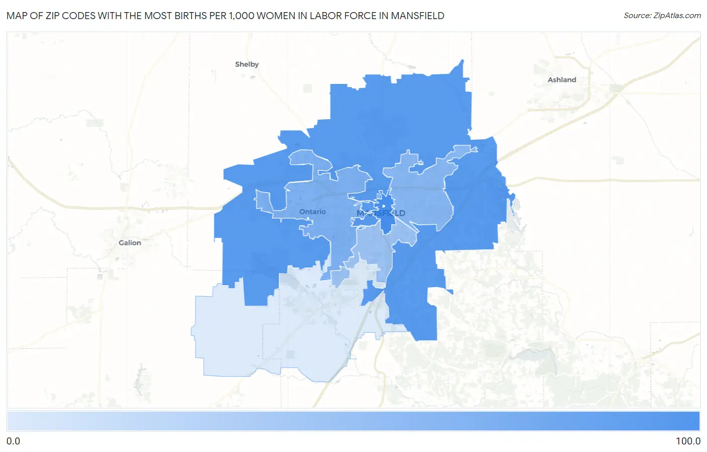 Zip Codes with the Most Births per 1,000 Women in Labor Force in Mansfield Map