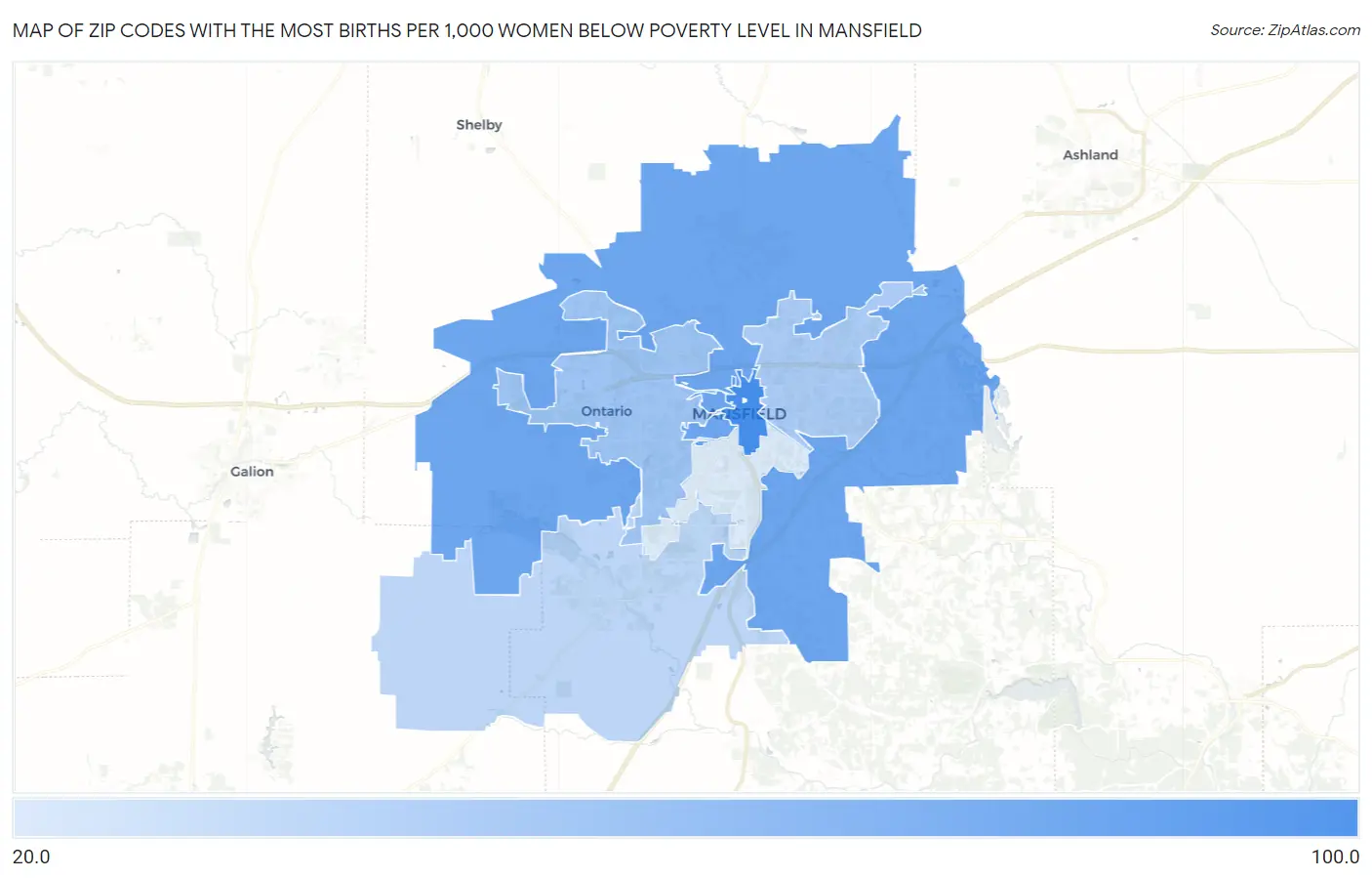 Zip Codes with the Most Births per 1,000 Women Below Poverty Level in Mansfield Map