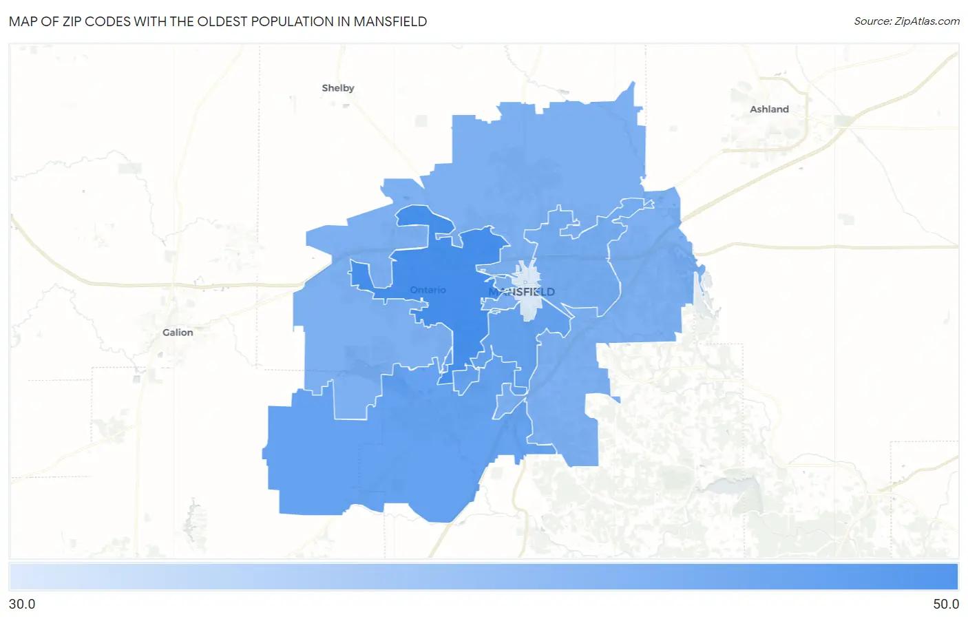Zip Codes with the Oldest Population in Mansfield Map