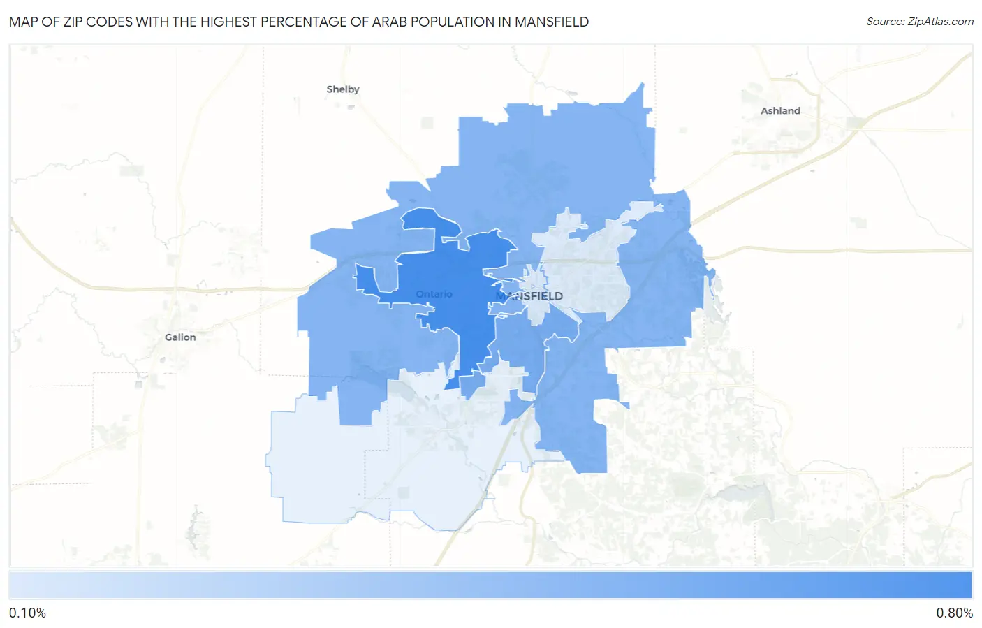 Zip Codes with the Highest Percentage of Arab Population in Mansfield Map