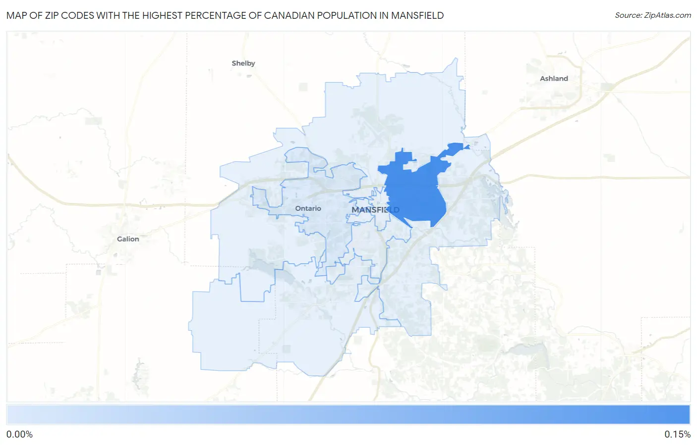 Zip Codes with the Highest Percentage of Canadian Population in Mansfield Map