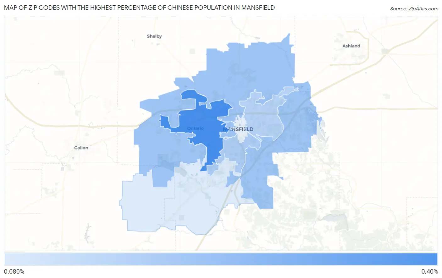 Zip Codes with the Highest Percentage of Chinese Population in Mansfield Map