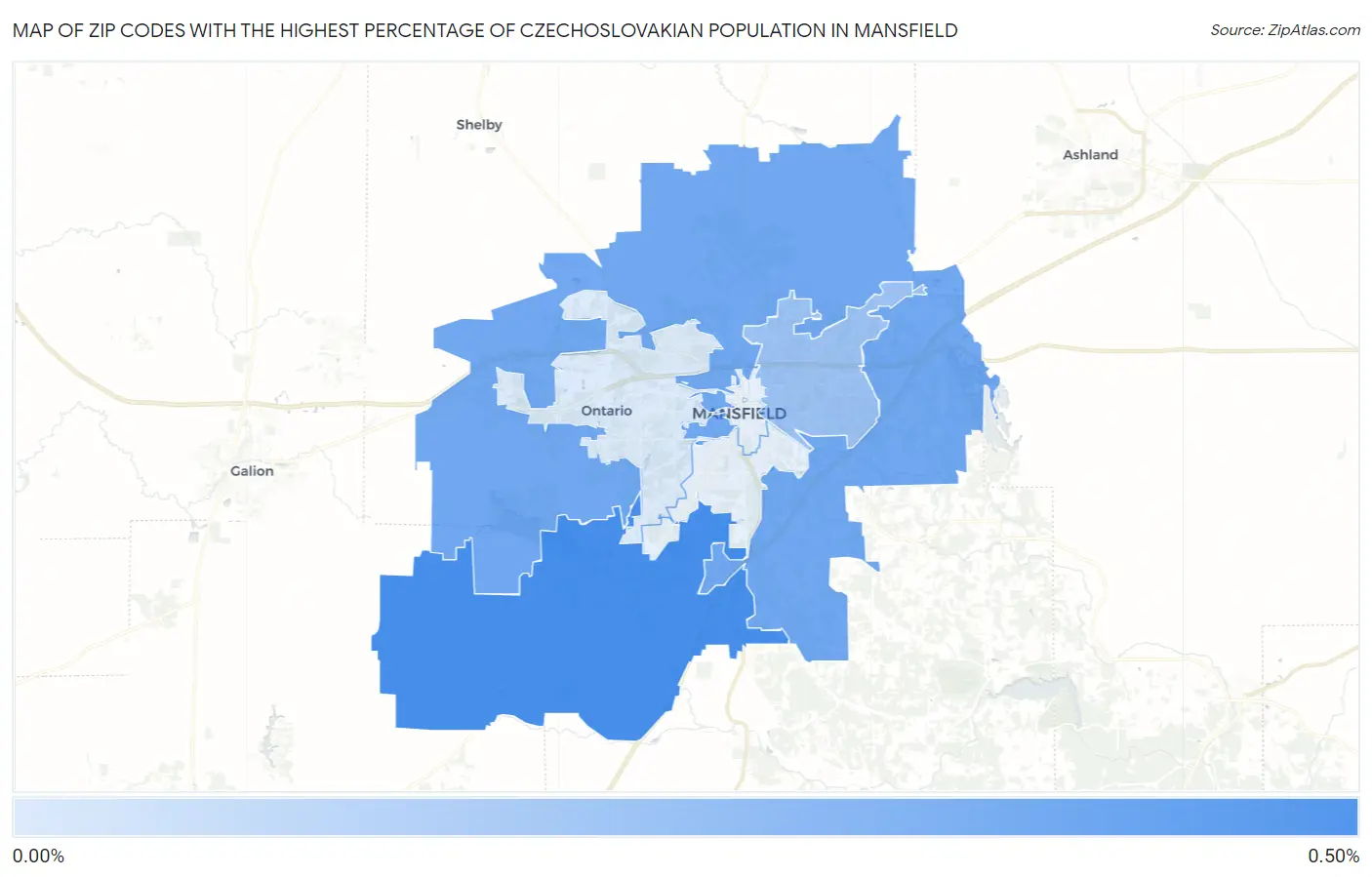 Zip Codes with the Highest Percentage of Czechoslovakian Population in Mansfield Map
