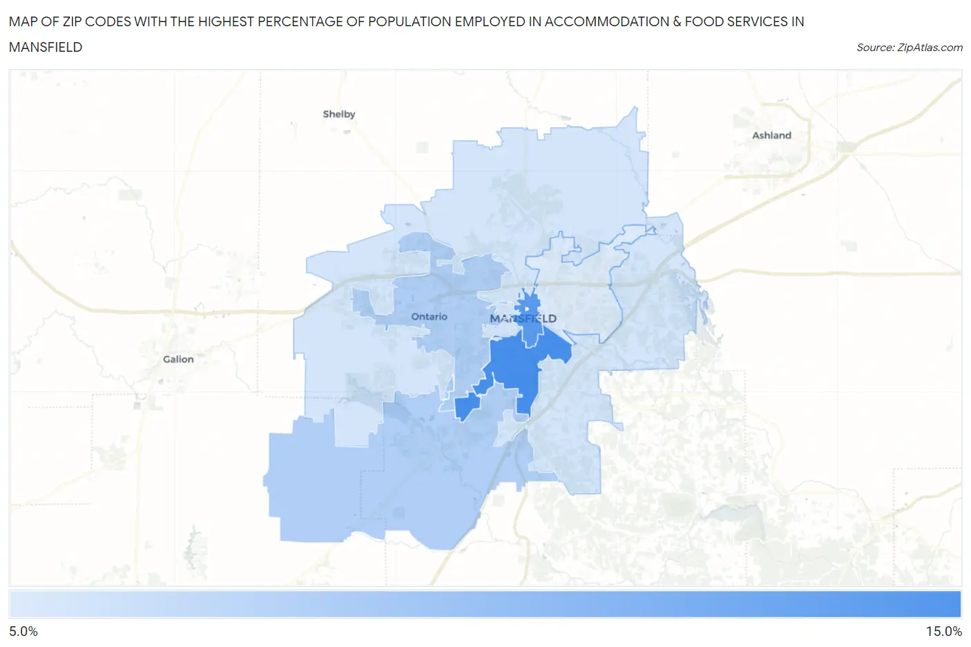 Zip Codes with the Highest Percentage of Population Employed in Accommodation & Food Services in Mansfield Map