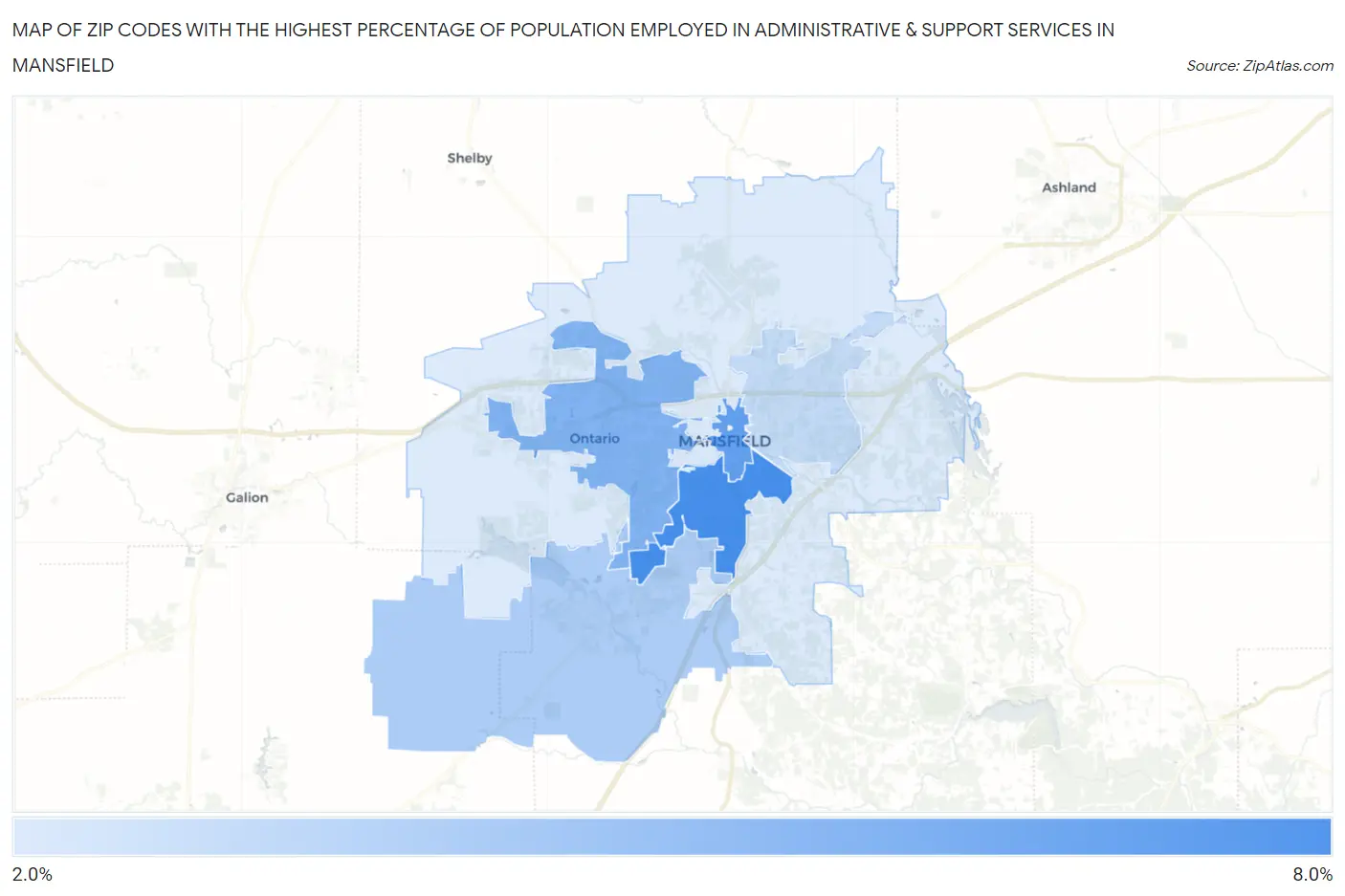 Zip Codes with the Highest Percentage of Population Employed in Administrative & Support Services in Mansfield Map