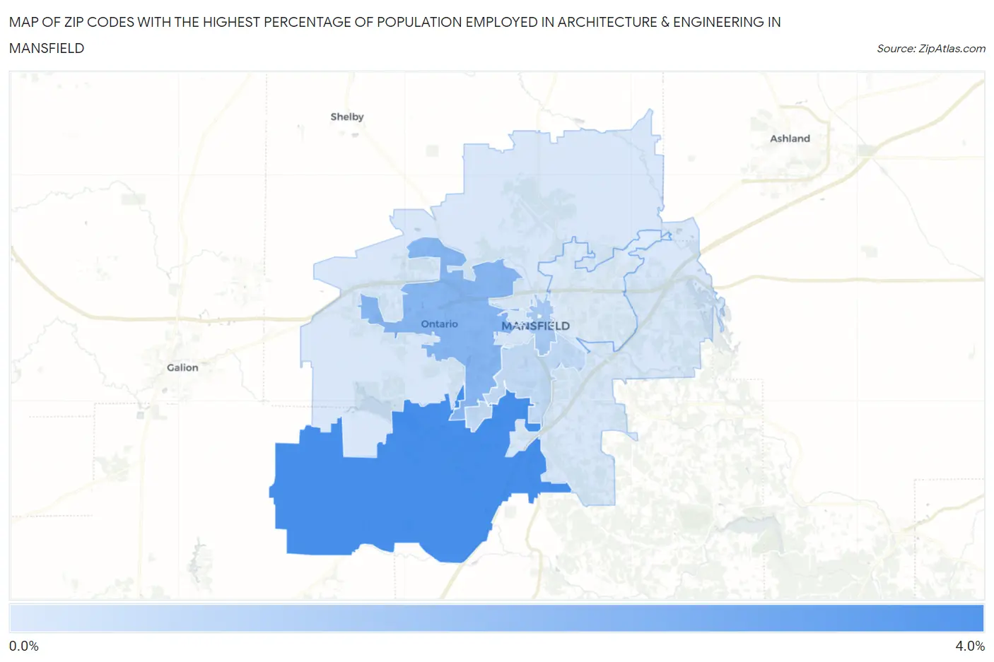 Zip Codes with the Highest Percentage of Population Employed in Architecture & Engineering in Mansfield Map