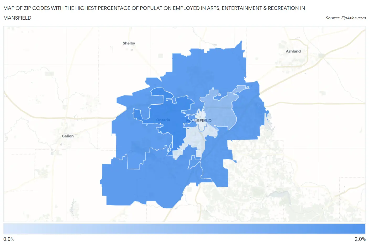 Zip Codes with the Highest Percentage of Population Employed in Arts, Entertainment & Recreation in Mansfield Map
