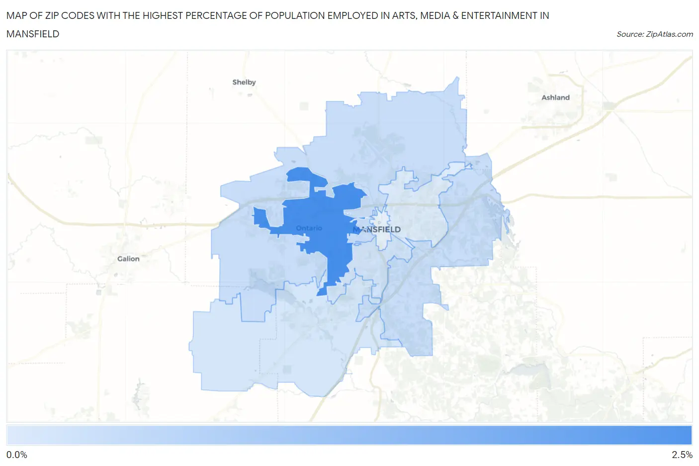 Zip Codes with the Highest Percentage of Population Employed in Arts, Media & Entertainment in Mansfield Map