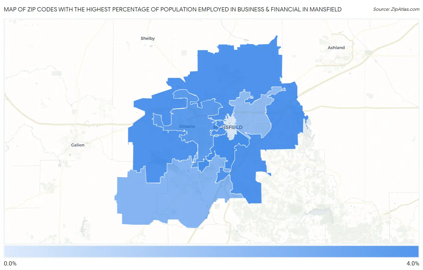 Zip Codes with the Highest Percentage of Population Employed in Business & Financial in Mansfield Map