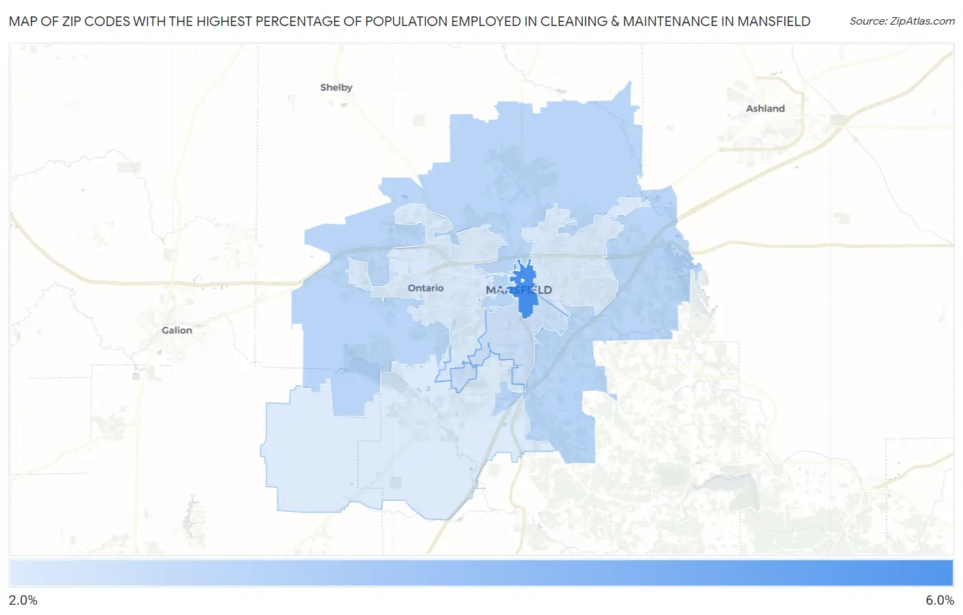 Zip Codes with the Highest Percentage of Population Employed in Cleaning & Maintenance in Mansfield Map